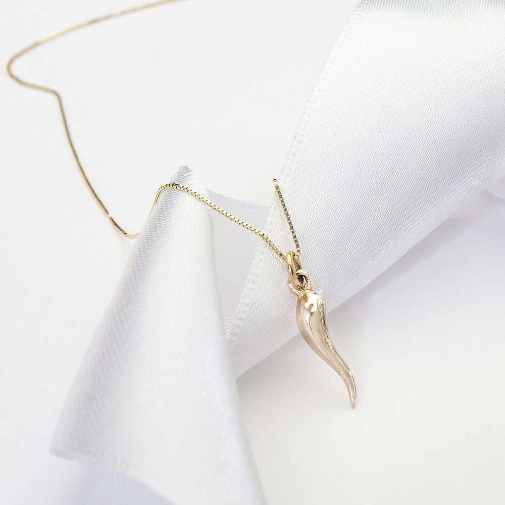 10K Gold Horn Cornicello Pendant, Real Gold Chili Good Luck & Protection Charm
